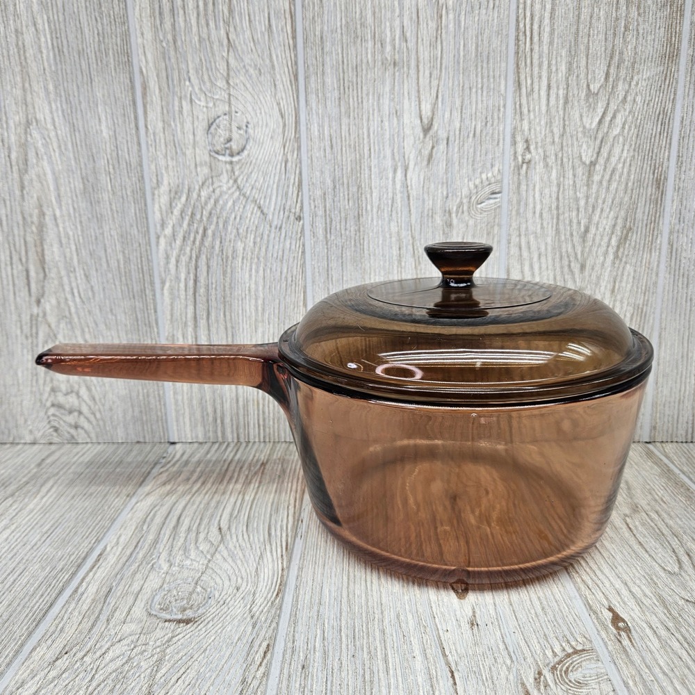 Vision Corning Amber Glass 1.5L Saucepan with Lid Vintage USA Made Pot Brown